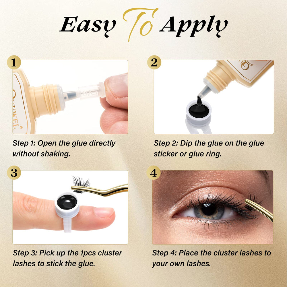 QUEWEL lash clusters glue mild formula emphasizes safe use for sensitive eyes.