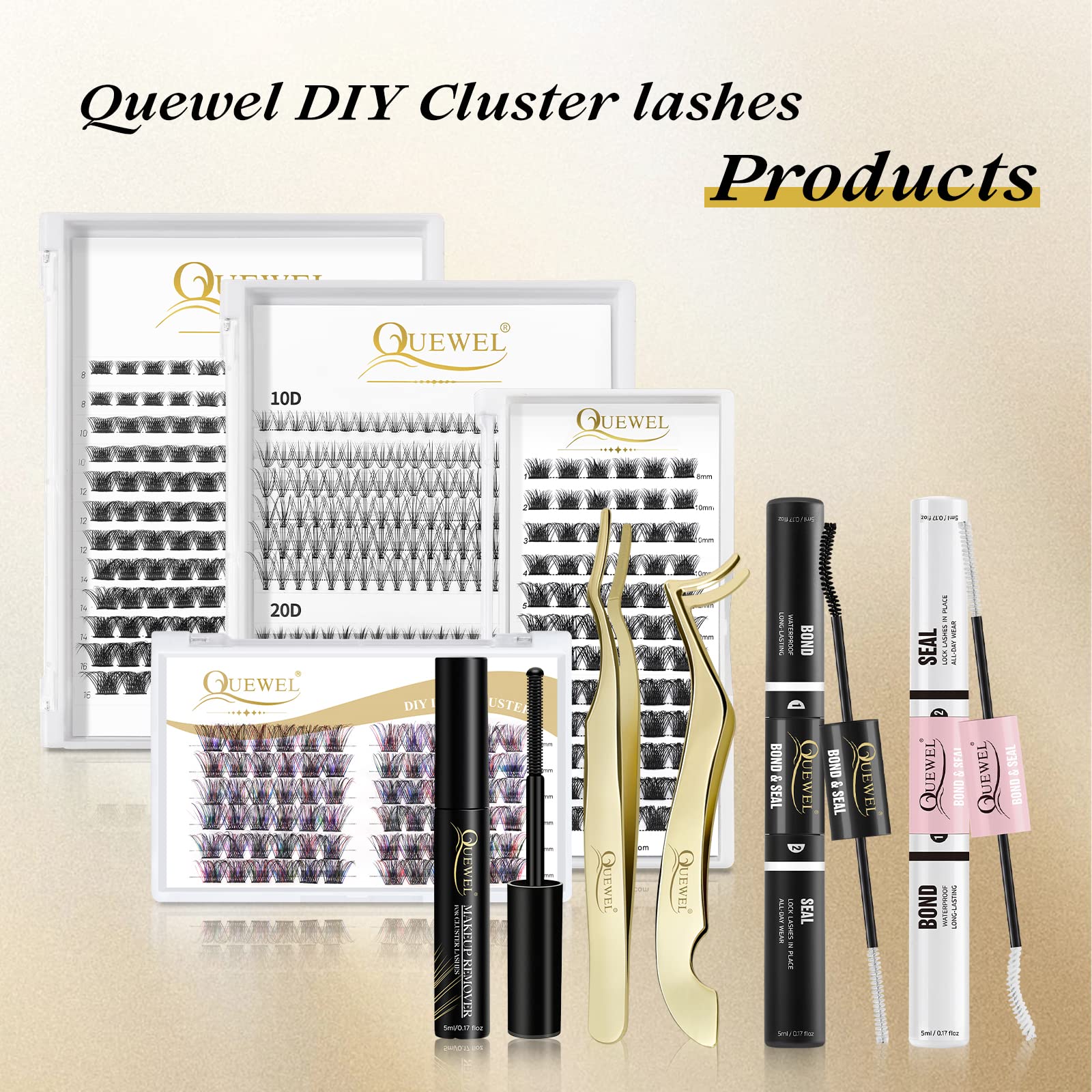 QUEWEL lash clusters glue packaging highlights large 10ml capacity value.