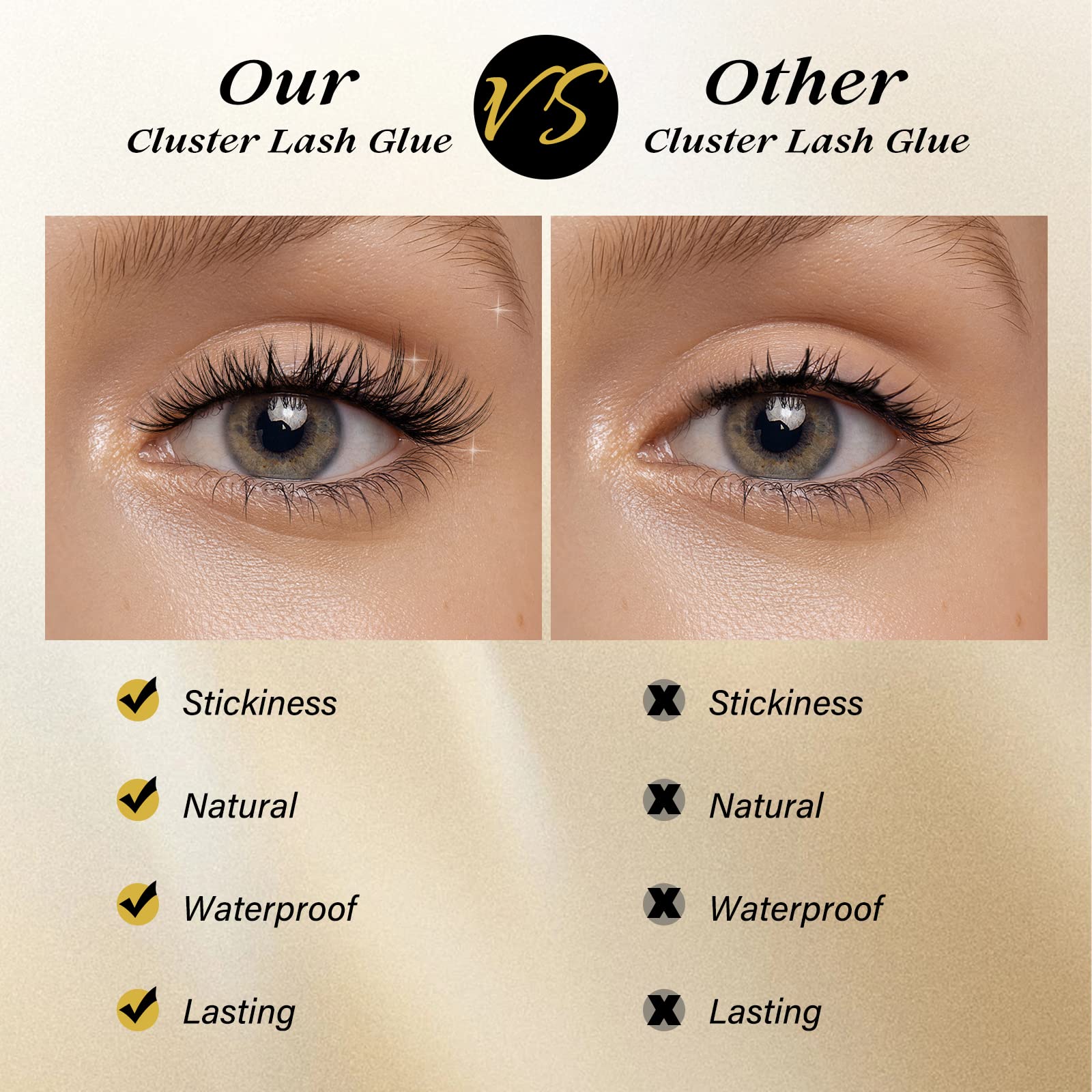 QUEWEL lash clusters glue waterproof finish supports everyday wear and sweat resistance.