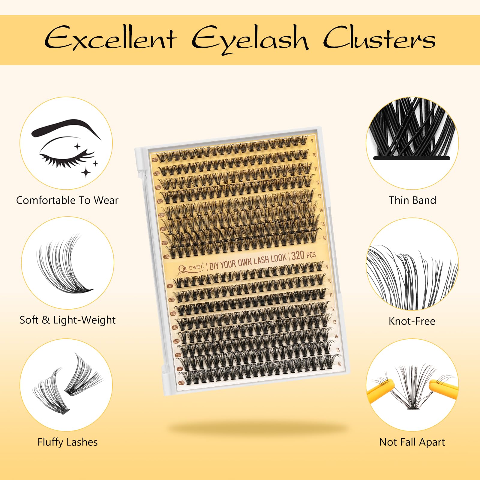 QUEWEL lash clusters kit contents laid out for 30D+40D options and varied looks