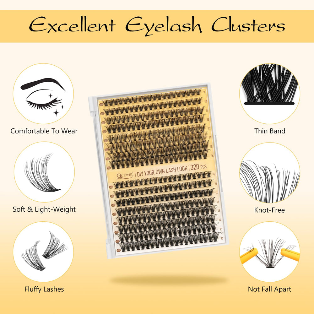 QUEWEL lash clusters kit contents laid out for 30D+40D options and varied looks