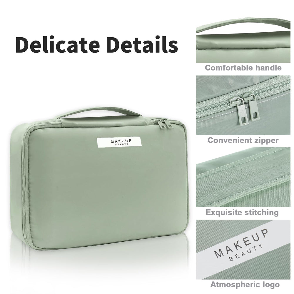 Queboom travel makeup bag green 3pcs detachable pouch aids separate accessories on trips.