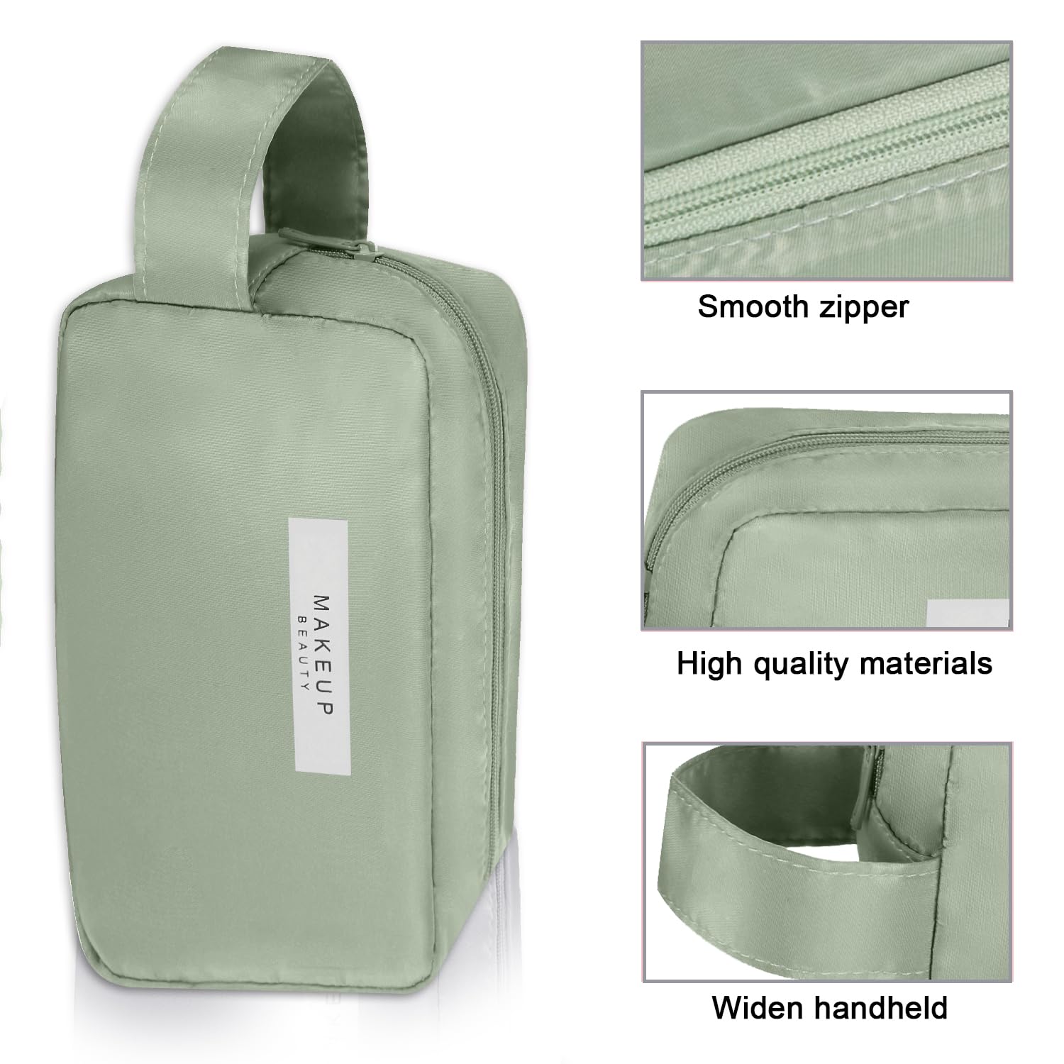Queboom travel makeup bag green 3pcs in travel case ready for planes and trains.