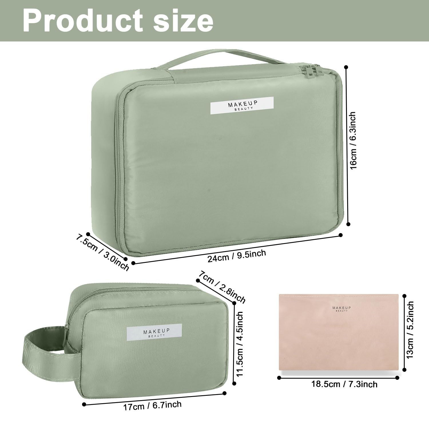 Queboom travel makeup bag green 3pcs inside layout showing organized storage and soft lining.