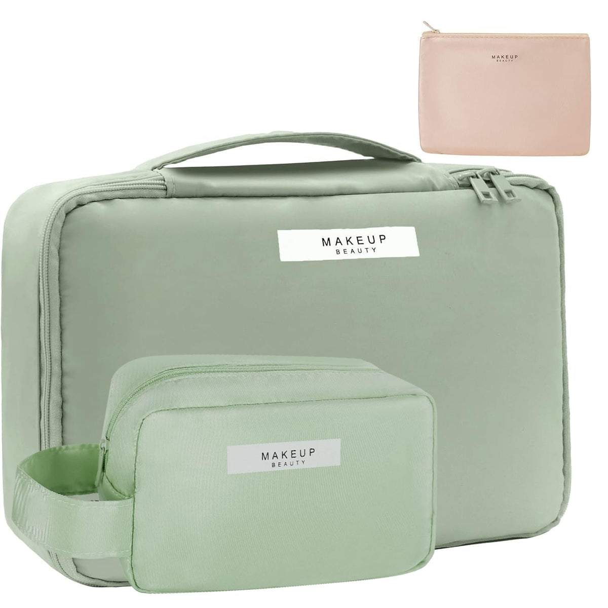 Queboom travel makeup bag green 3pcs main view with spacious main compartment for cosmetics.