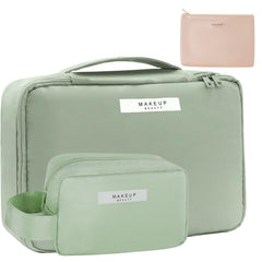 Queboom travel makeup bag green 3pcs main view with spacious main compartment for cosmetics.