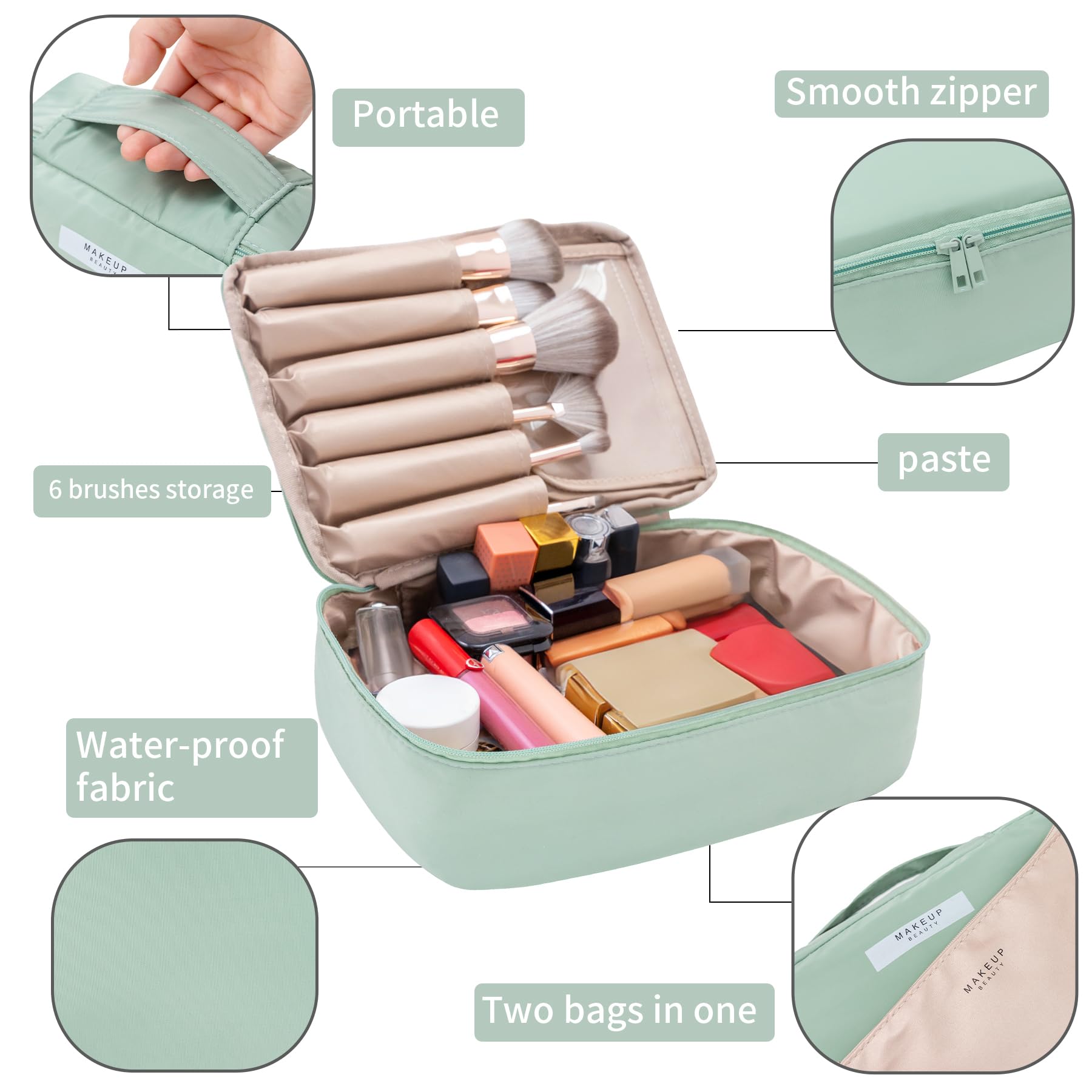 Queboom travel makeup bag green 3pcs three compartments highlights easy access to brushes and essentials.