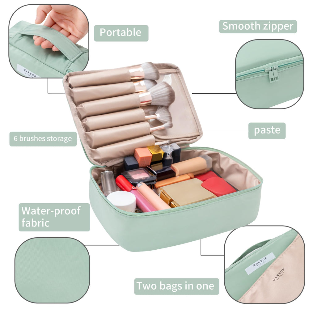 Queboom travel makeup bag green 3pcs three compartments highlights easy access to brushes and essentials.