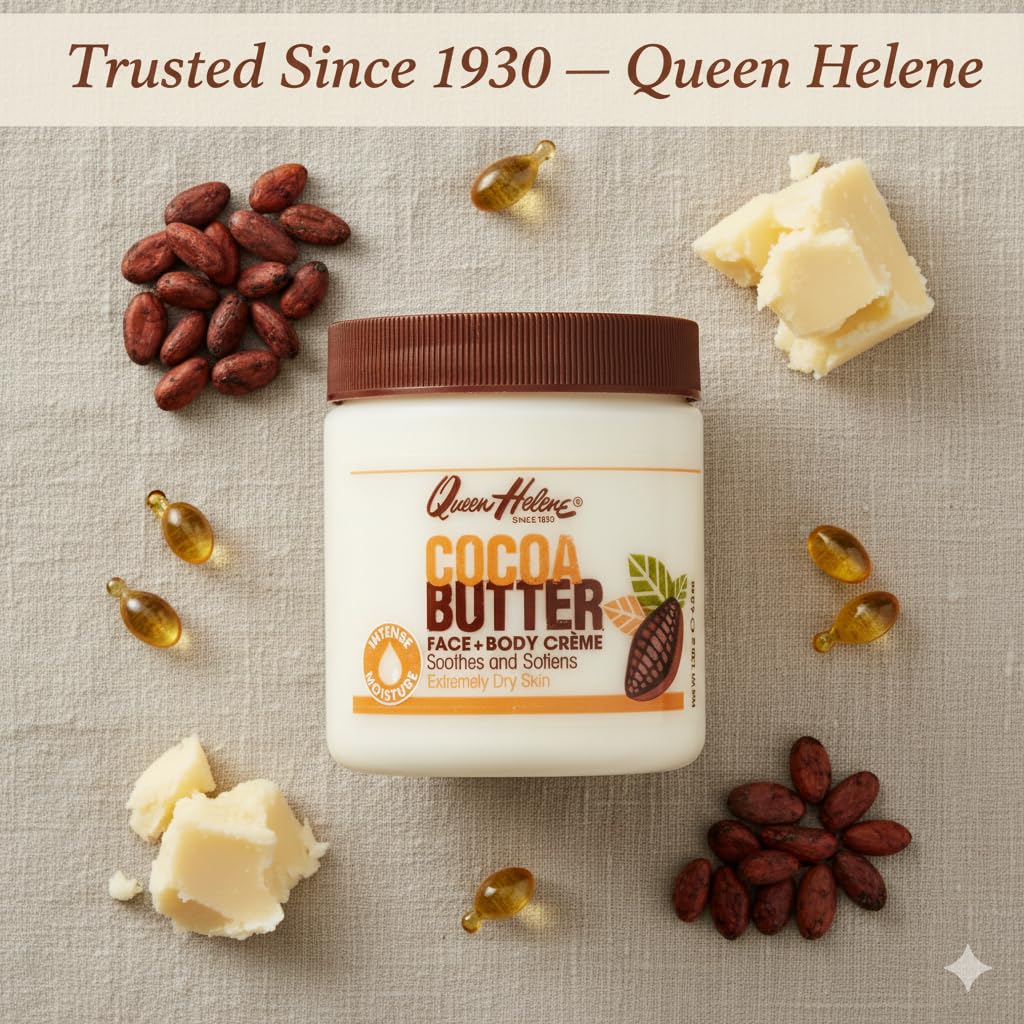 Queen Helene Cocoa Butter Creme on vanity ready for daily moisture routine.