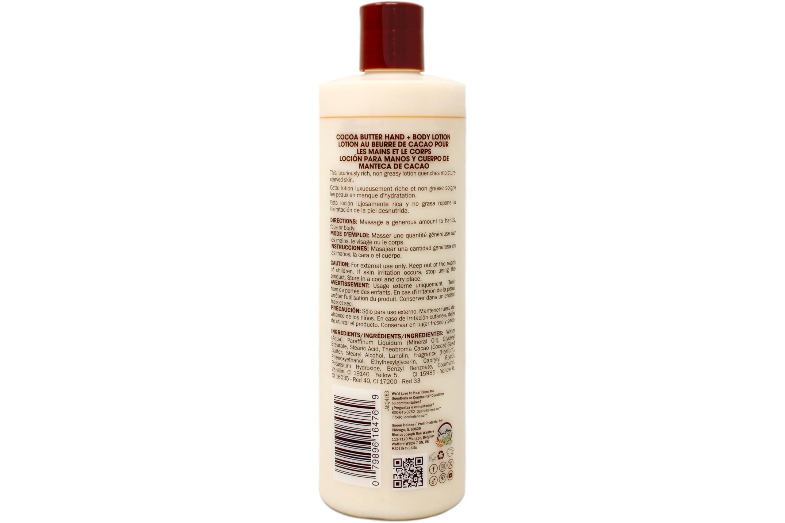 Queen Helene Cocoa Butter Hand & Body Lotion close-up highlights natural ingredients for nourished skin.