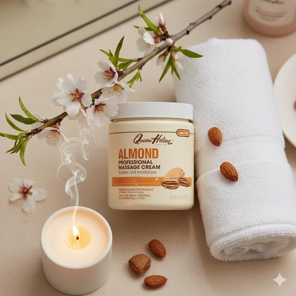 Queen Helene almond massage cream ingredients show mineral oil, paraffin, and beeswax for hydration.