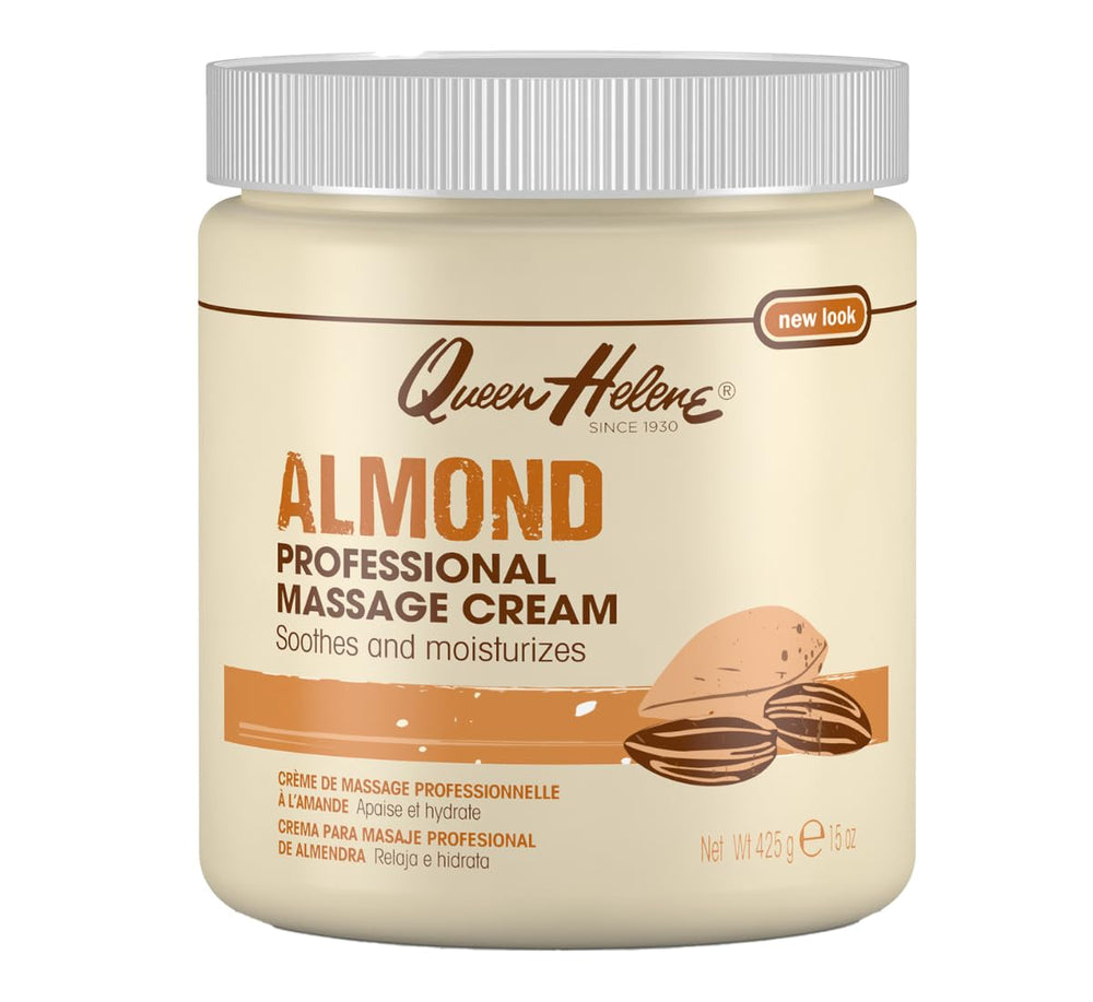 Queen Helene Professional Almond Massage Cream jar showing rich moisture for dry skin.