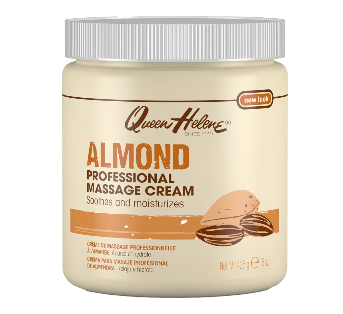 Queen Helene Professional Almond Massage Cream jar showing rich moisture for dry skin.