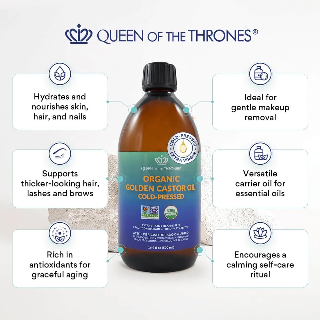 QUEEN OF THE THRONES amber glass packaging protecting oil integrity during storage and use.