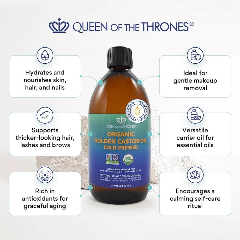 QUEEN OF THE THRONES amber glass packaging protecting oil integrity during storage and use.