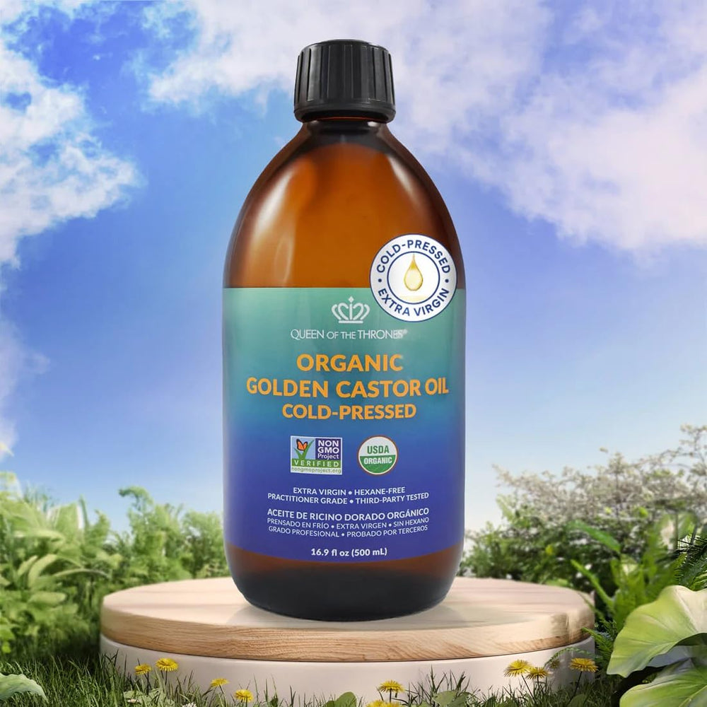 QUEEN OF THE THRONES castor oil bottle shown for DIY masks and skin-softening routines.