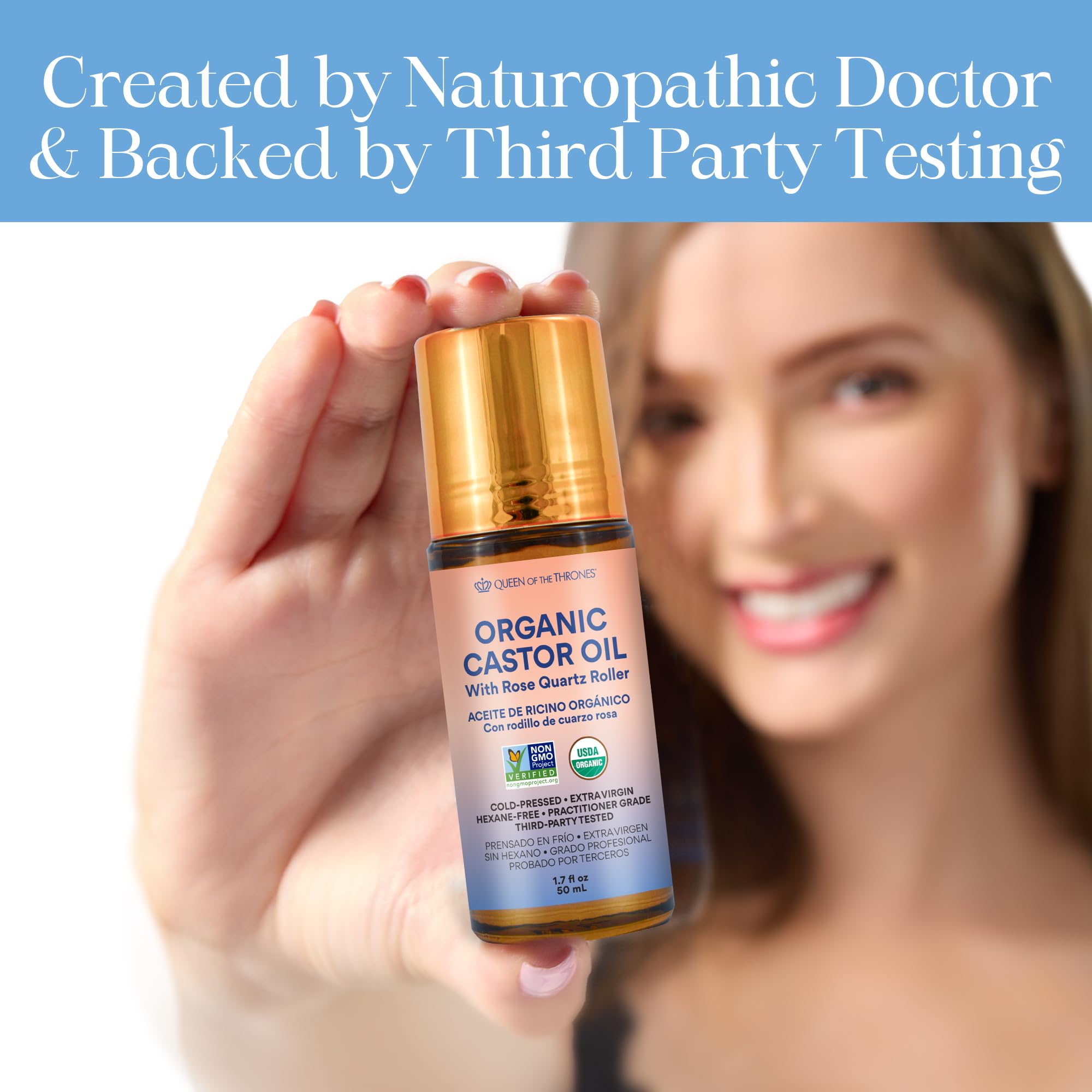 Queen of the Thrones organic golden castor oil in a 1.7oz bottle.