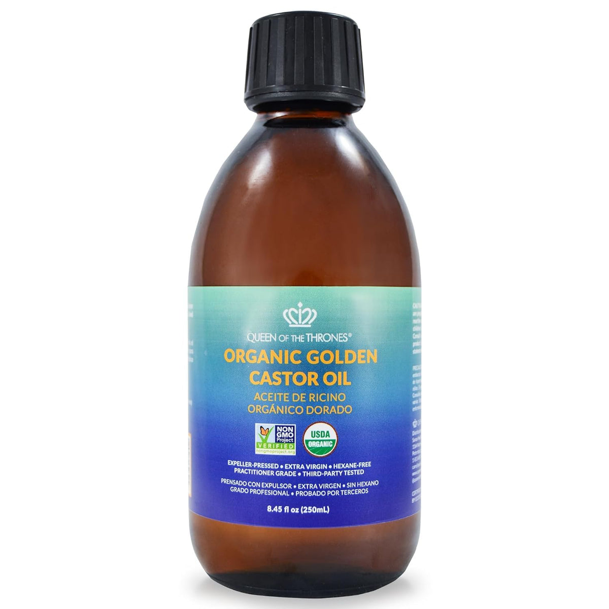 QUEEN OF THE THRONES Organic Golden Castor Oil bottle for hair and skin care.