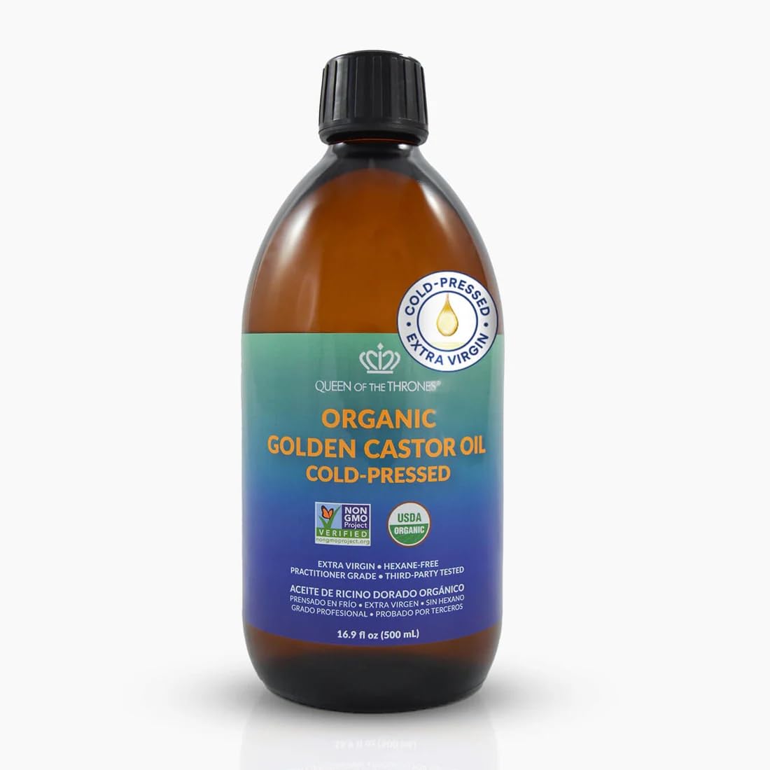 QUEEN OF THE THRONES organic golden castor oil bottle for pure hair and skin nourishment.