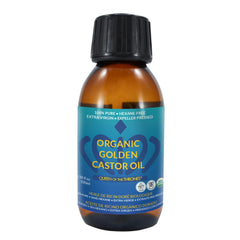 Queen of the Thrones Organic Golden Castor Oil bottle on amber glass for skin hydration.