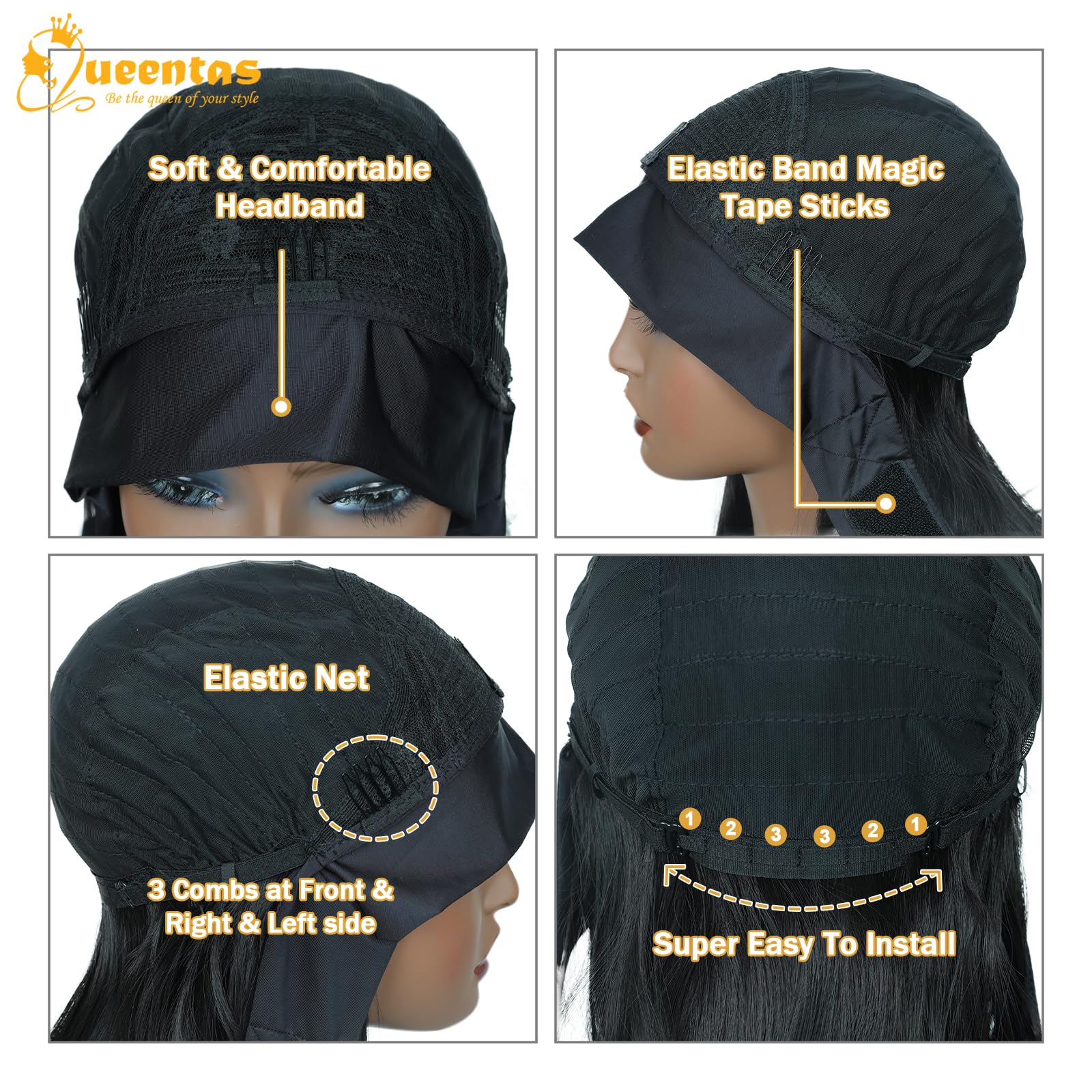 QUEENTAS 14-inch headband wig provides natural volume with 180% density.