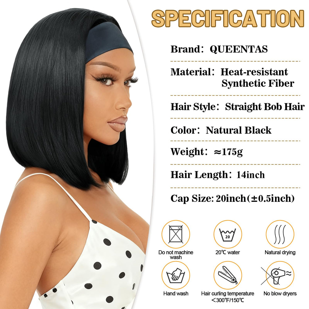 QUEENTAS natural black headband wig edges-free look supports quick, natural appearances.