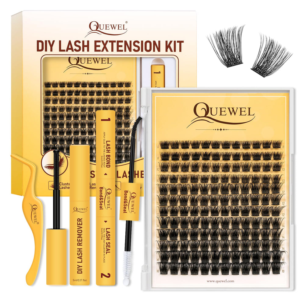 QUEWEL DIY Lash Extension Kit contents showing 144 lash clusters for quick DIY upgrades