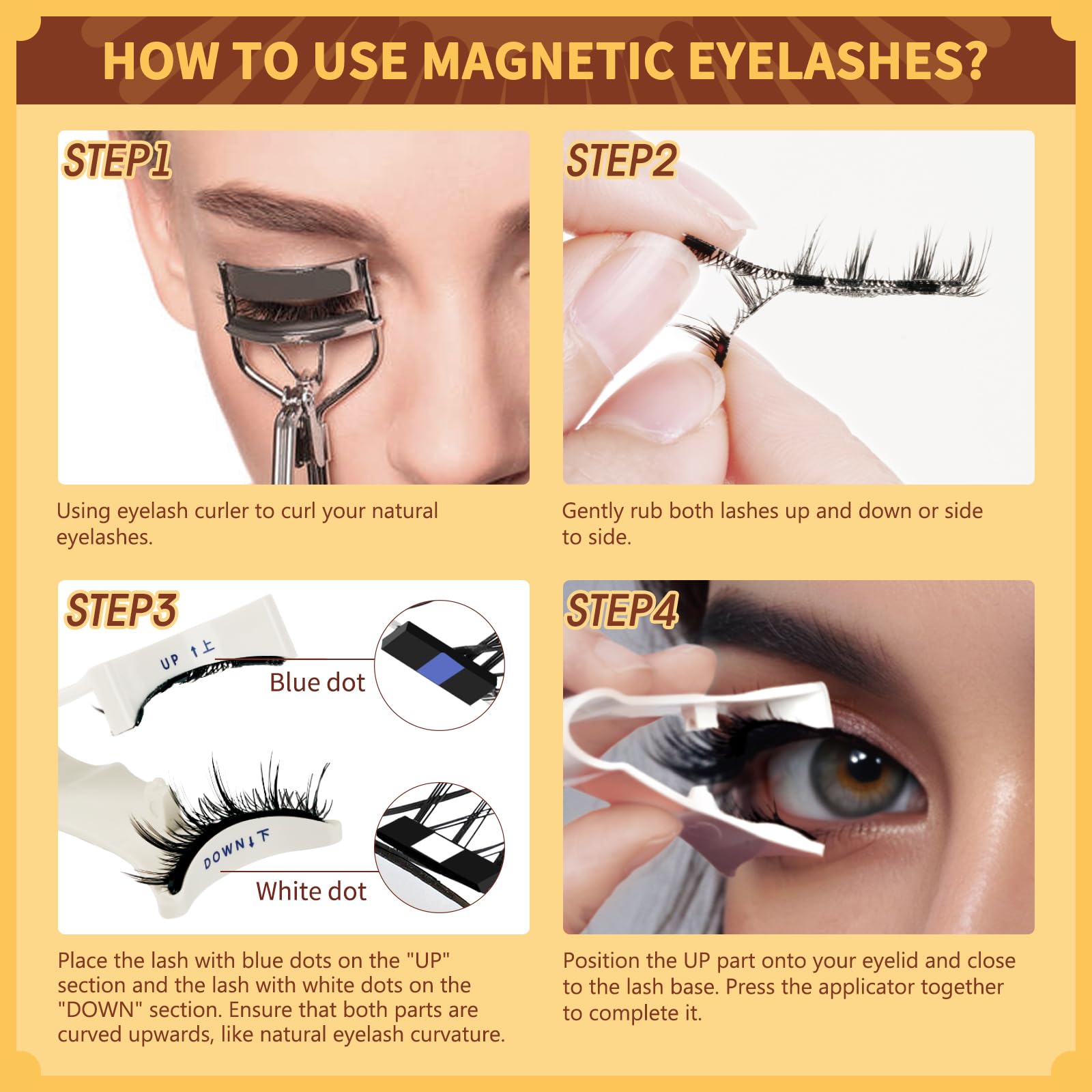 QUEWEL magnetic eyelashes instruction sheet provides beginner-friendly steps for easy application.