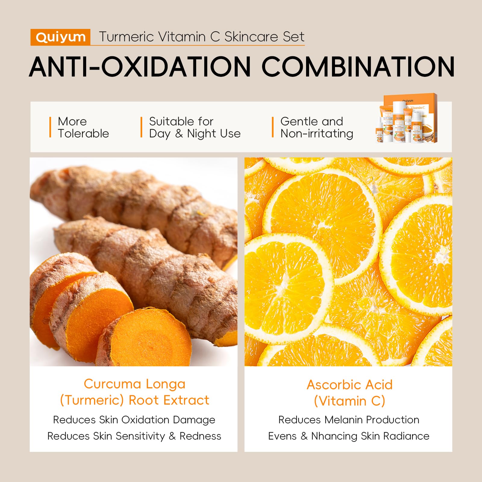 QUIYUM Turmeric Vitamin C set packaging closeup showcases premium skincare kit presentation