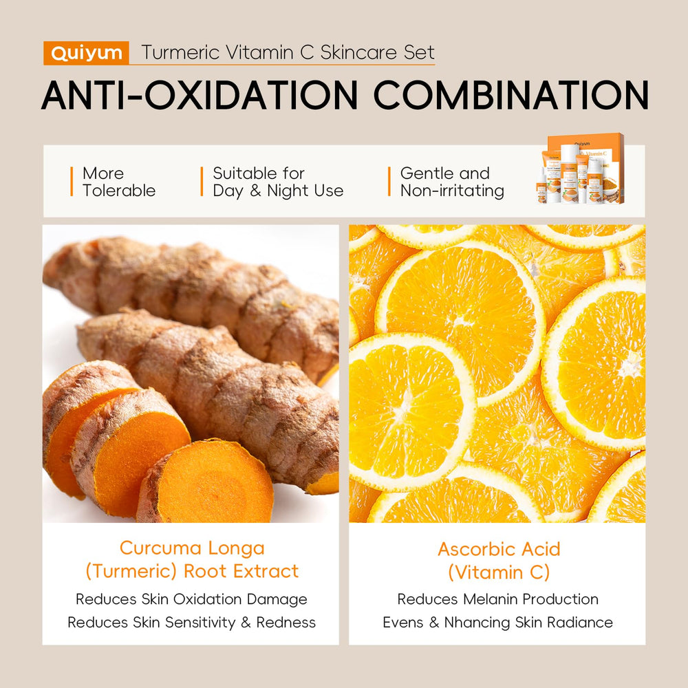 QUIYUM Turmeric Vitamin C set packaging closeup showcases premium skincare kit presentation