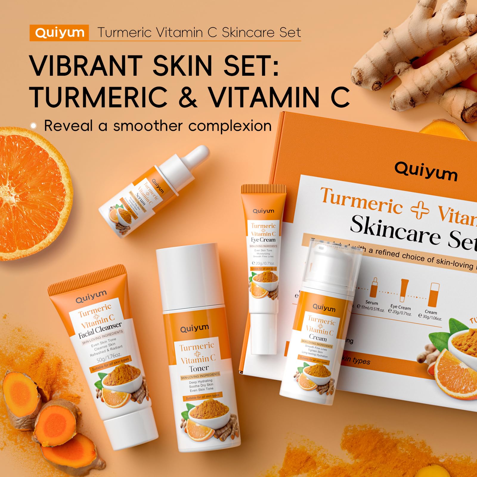 QUIYUM Turmeric Vitamin C set toner bottle provides refreshing toning and moisture balance