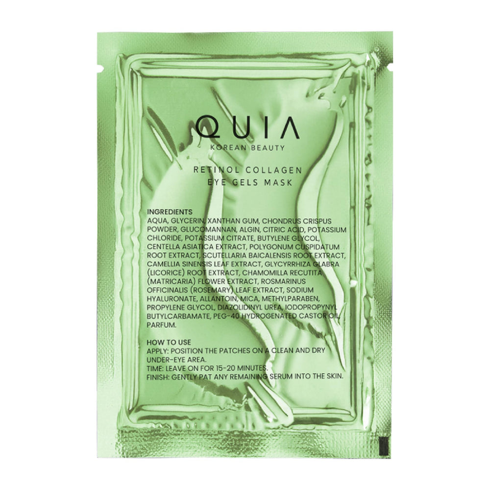 QUIA Beauty travel-friendly eye patches sachet displayed for on-the-go hydration