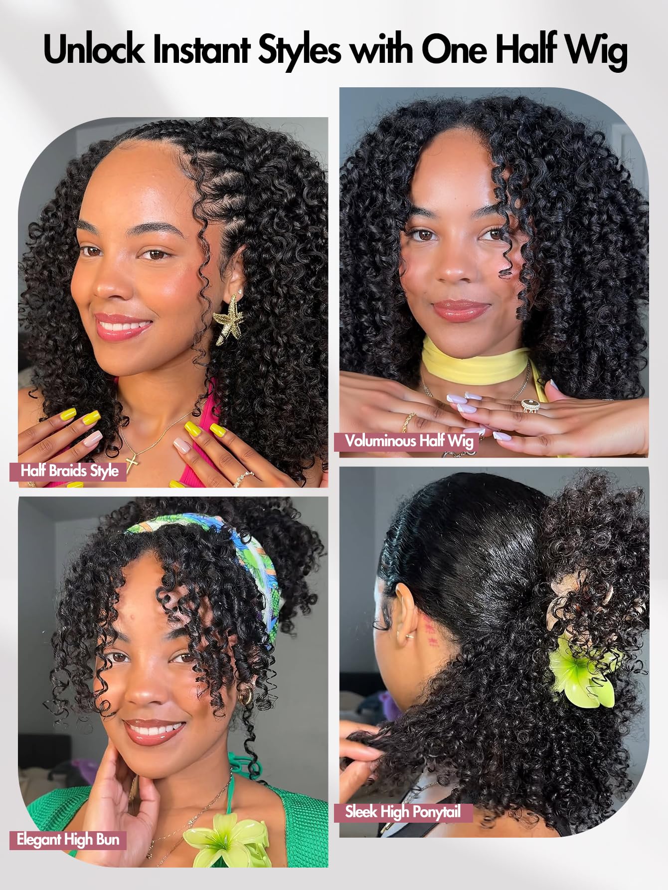Quickwig Curly Half Wig Glueless Fit with adjustable combs for secure wear.
