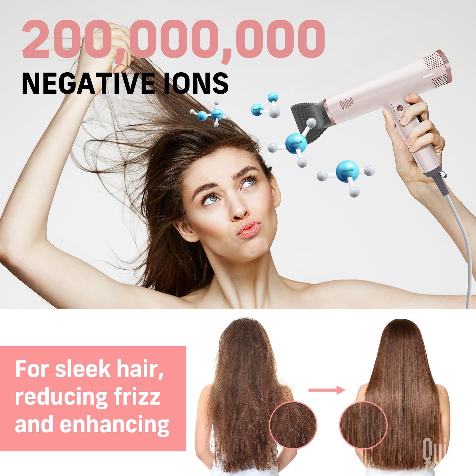 Quico hair dryer with concentrator nozzle for precise airflow