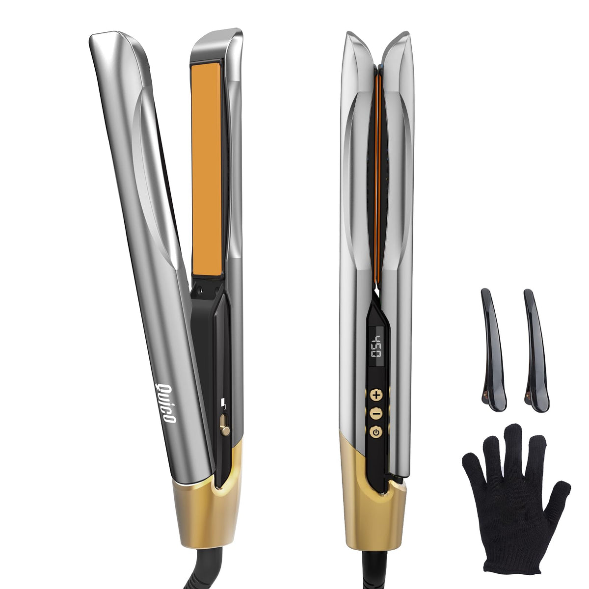 QUICO hair straightener close-up showing 3D ceramic plates for even heat distribution