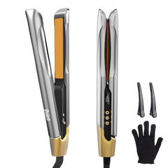 QUICO hair straightener close-up showing 3D ceramic plates for even heat distribution