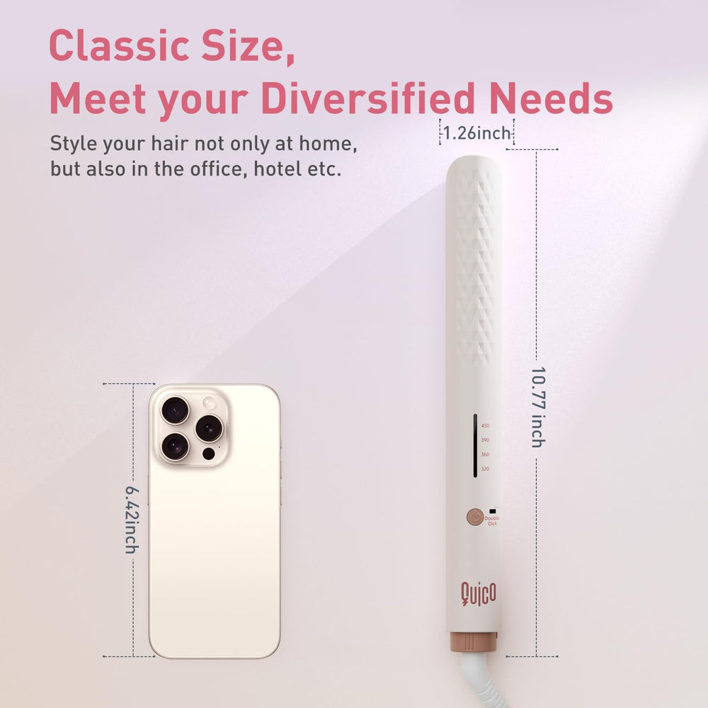 QUICO compact travel-size straightener shown for easy packing.