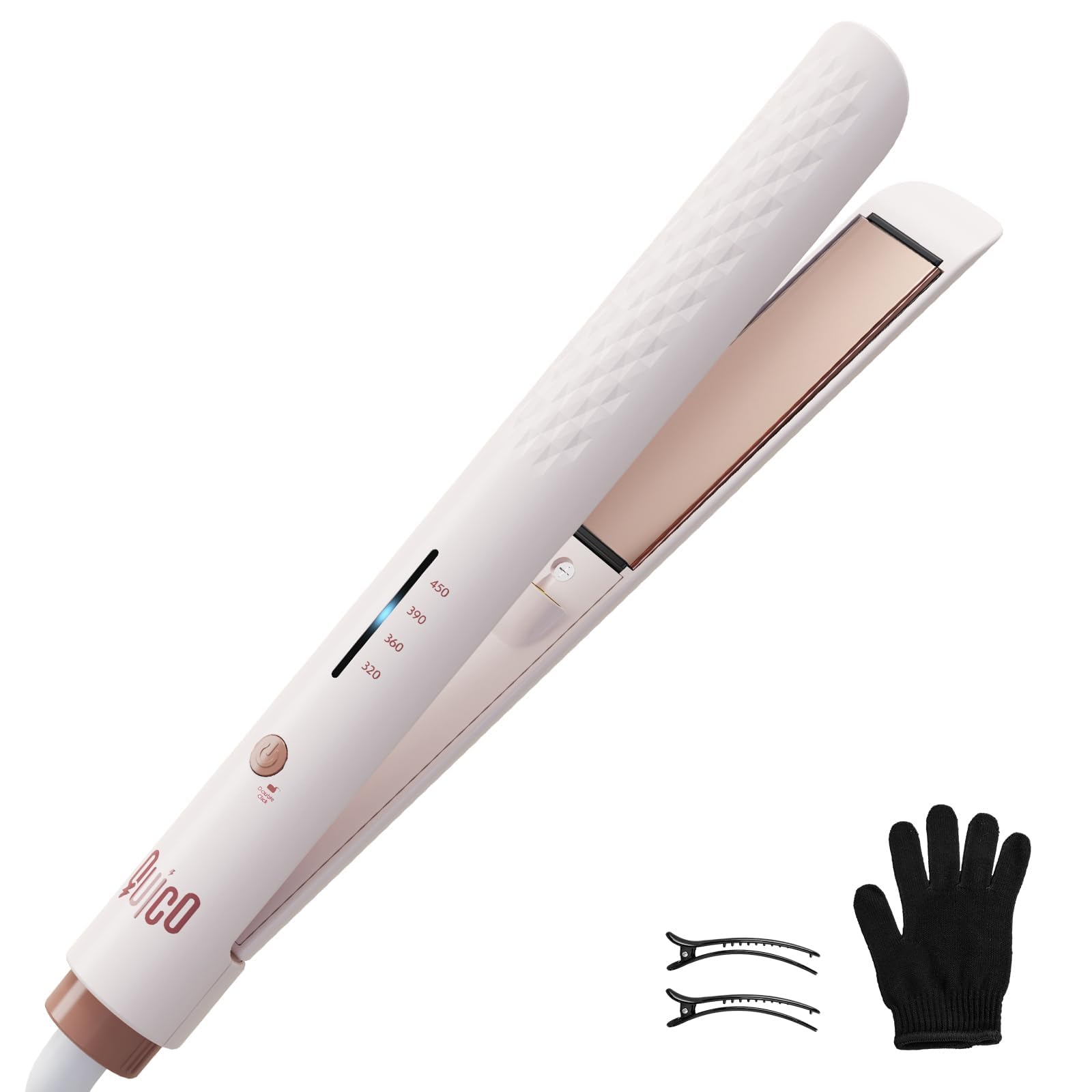 QUICO hair straightener with global-volt display for travel-friendly styling.