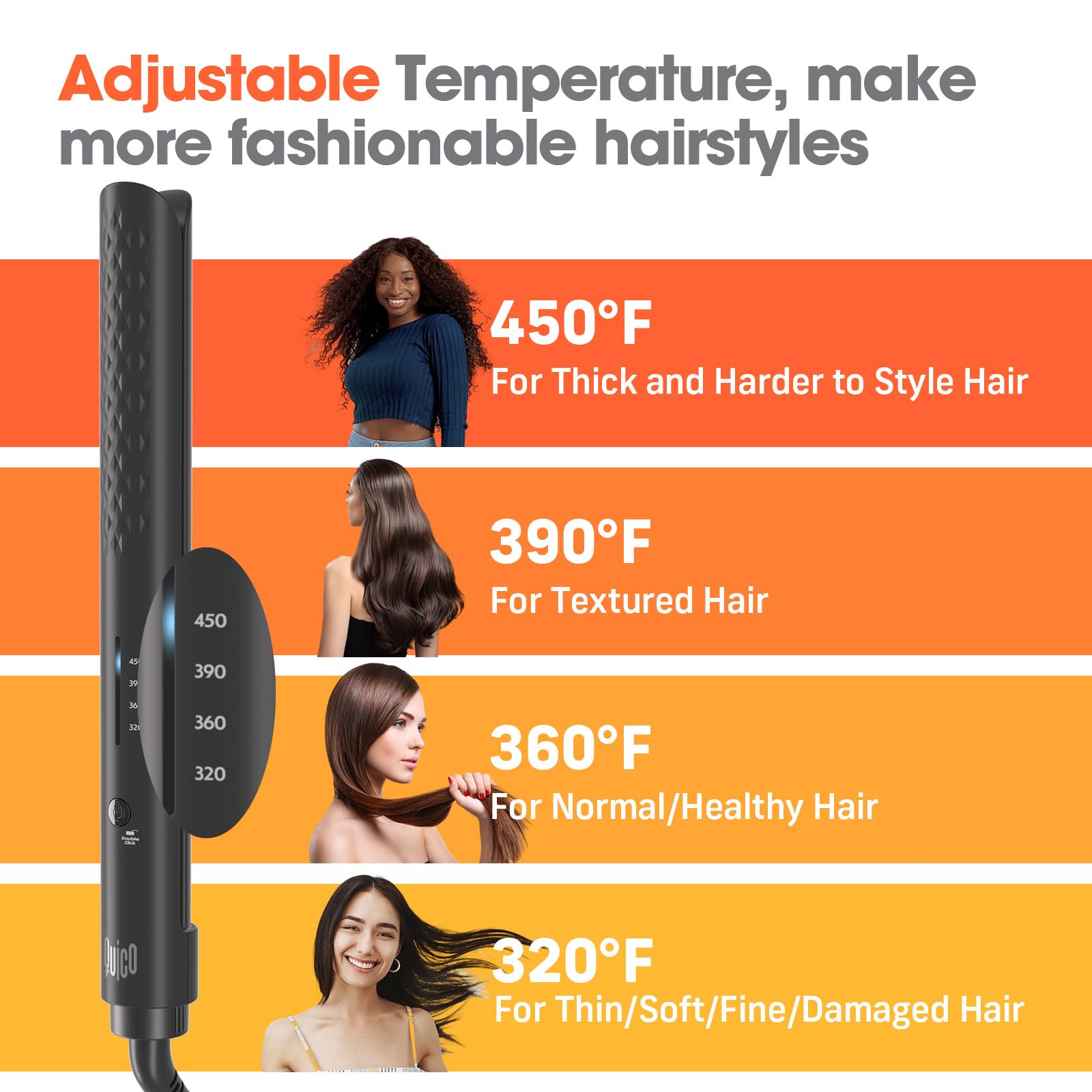 QUICO hair straightener glove and clips ensure safe, convenient styling.