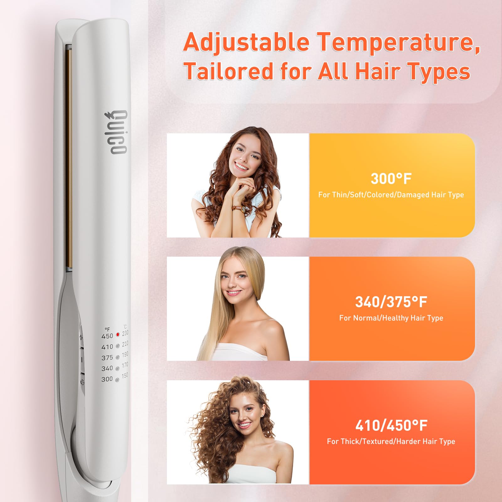 Quico Upgrade Hair Straightener features auto shut-off for safer travel and storage.
