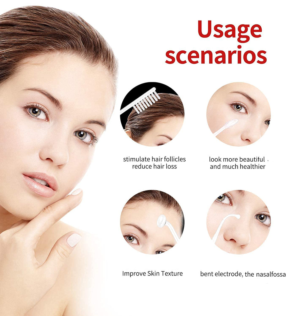 Quiet&Far high-frequency wand with five parts for targeted facial areas.