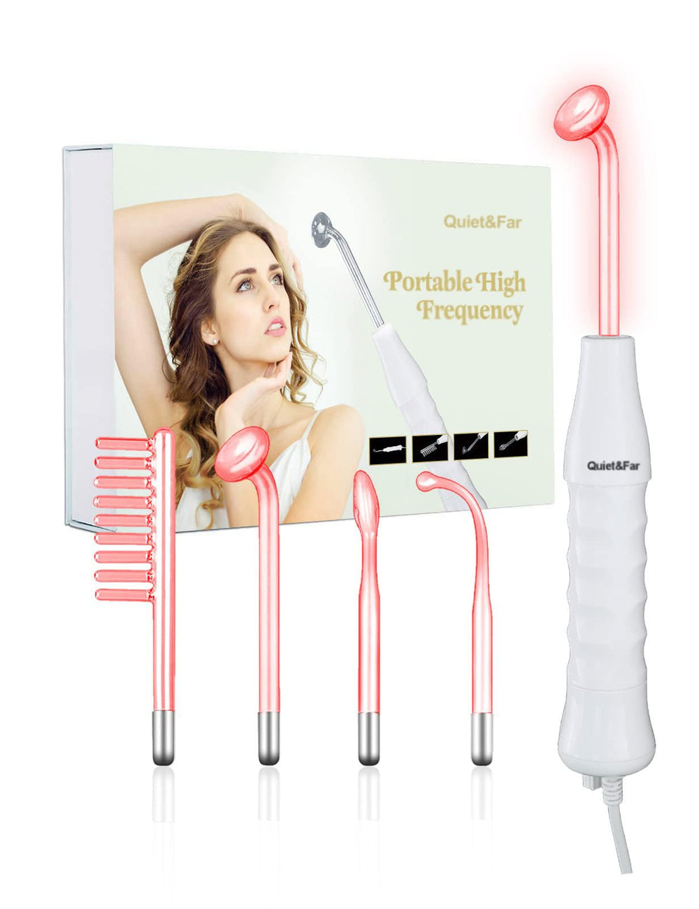 Quiet&Far high-frequency wand closeup showing electrode tips for soothing facial care