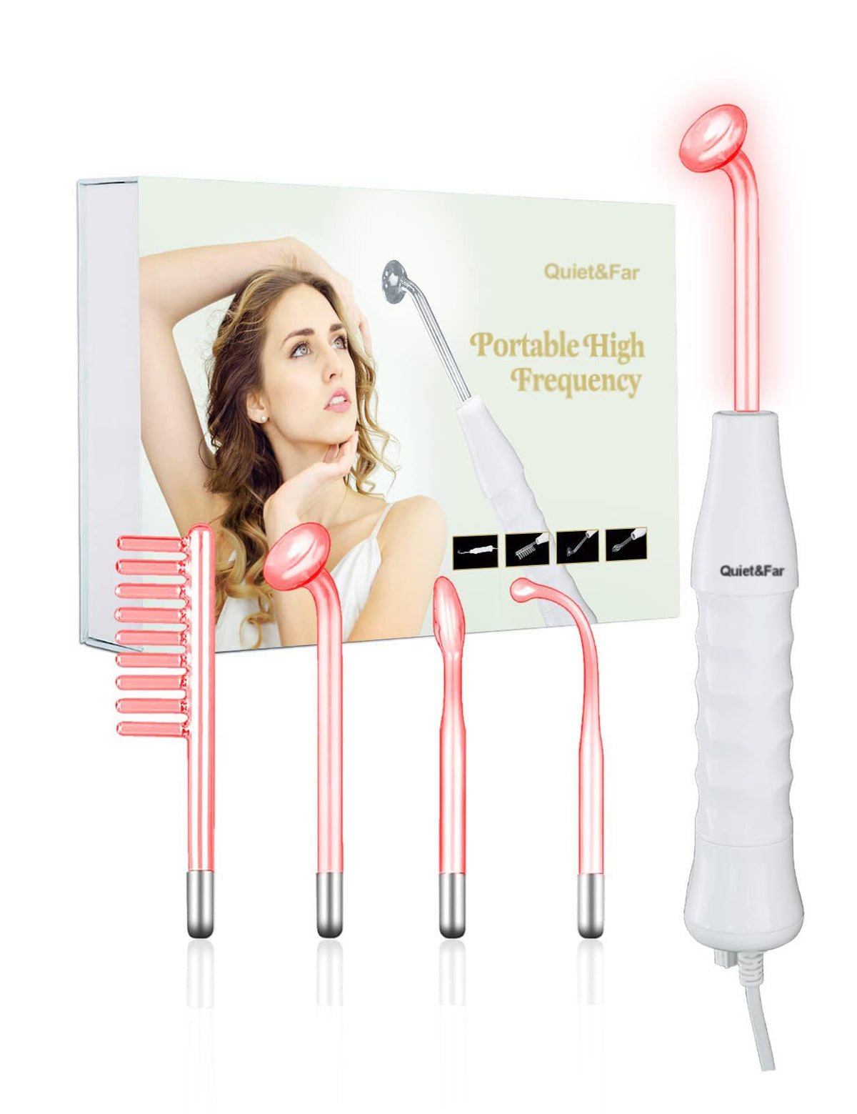 Quiet&Far high-frequency wand closeup showing electrode tips for soothing facial care