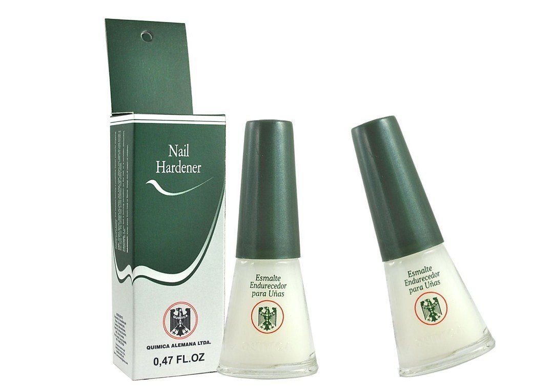 Química Alemana Nail Hardener bottle demonstrates barrier for stronger nails.