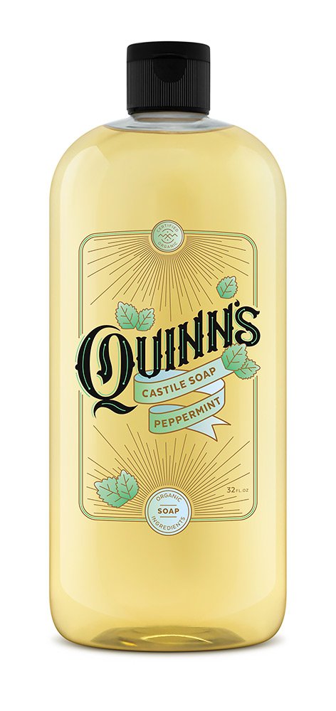Quinn's Pure Castile Peppermint bottle showcases an all-in-one cleaner for skin and surfaces