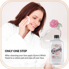 Quinn's Witch Hazel with rose petals backdrop for refreshing skincare moments.