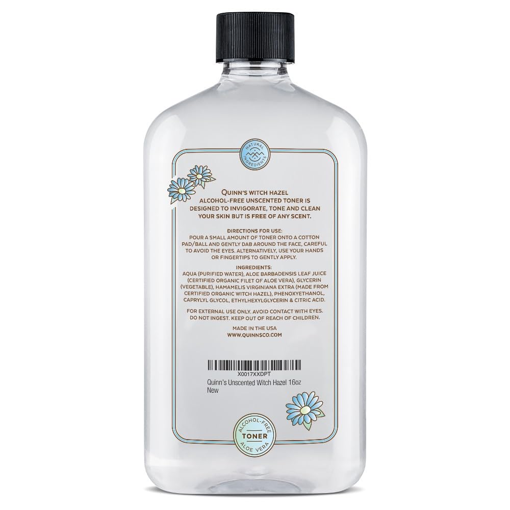Quinn's Witch Hazel routine image suggests applying as toner during daily skincare.
