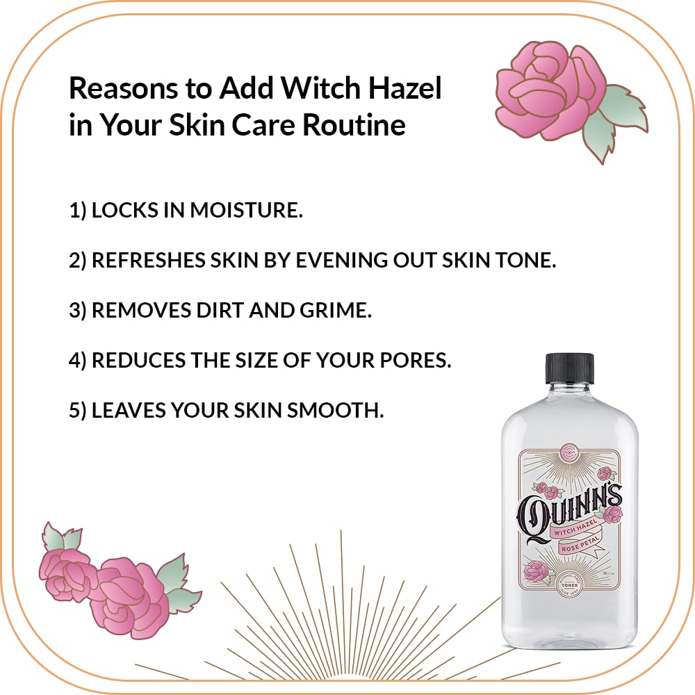 Quinn's Witch Hazel toning application image shows easy multi-step use.