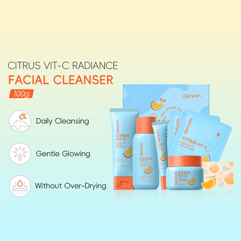 QUIYUM Citrus VC Set facial mask sheet offers brightening and hydrating benefits.