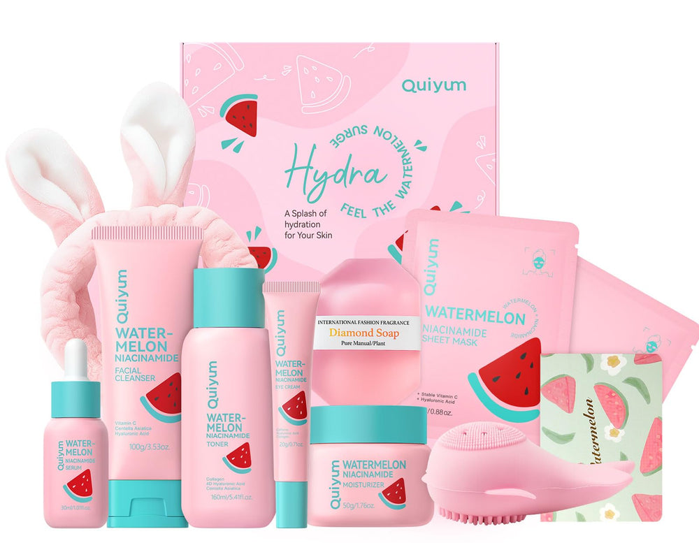 QUIYUM Watermelon Serum bottle provides lightweight hydration and glow for daily use.